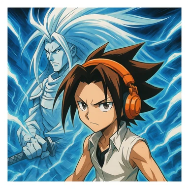 Yoh Asakura, determined look, spiky brown hair, orange headphones, with Amidamaru spirit behind him, anime style sticker
