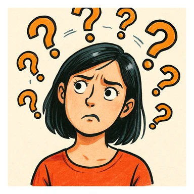 confused woman with straight dark hair, head tilted, question marks circling around her, clear expressive style sticker