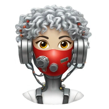Silver curly hair female cyborg head with red respirator mask and circuits sticker