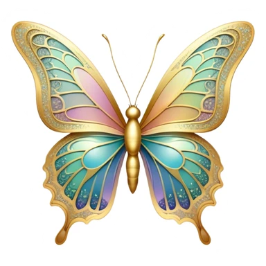 Pastel sparkly gold glittery iridescent rainbow transparent butterfly with detailed intricate patterns sticker