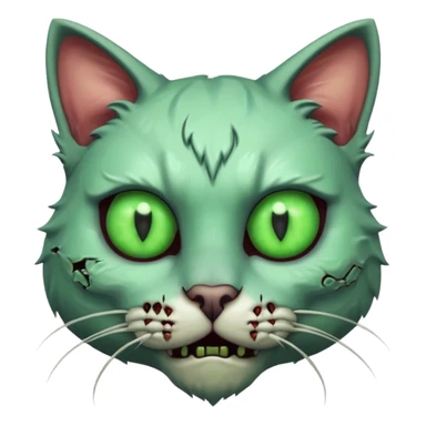 zombie cat portrait, head and shoulders only, pale fur, cracked skin patches, eerie glowing eyes, mischievous undead vibe, 3D cartoon, mobile game icon style, clean background, no text, no watermark
 sticker