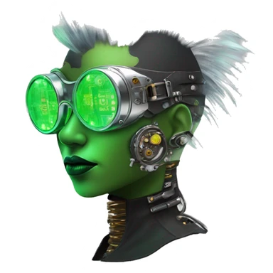 Neon green Mohawk hair Latina female cyborg head with silver steampunk goggles and circuits sticker