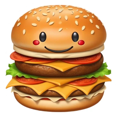 A happy smiling burger next to a pizza slice and french fries sticker