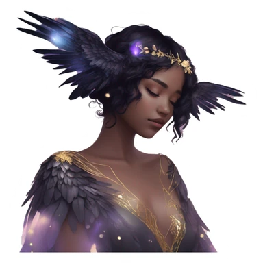 Black Raven wings bohemian girl Ethereal iridescent galaxy constellation girl angel raven wings black wings, gold arrow, nebula, flower crown, fairy lights, nature, shot by golden arrow sticker