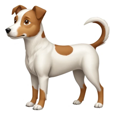 a full body large white parson russell looking dog the size of a kelpie with light brown flapped down ears and a light brown patch on one eye and a large snout sticker