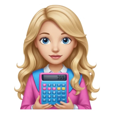 pretty female with long wavy brown hair with blonde highlights and blue eyes holding a pink calculator sticker