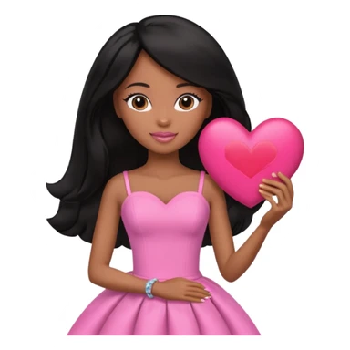 Black barbie, long black  hair, pink dress holding big heart that  visibly says "daily heart me" sticker