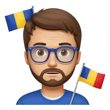 A brown-haired white man with a designer stubble beard and rectangle glasses. He shrugs. In the background the Romania flag. sticker