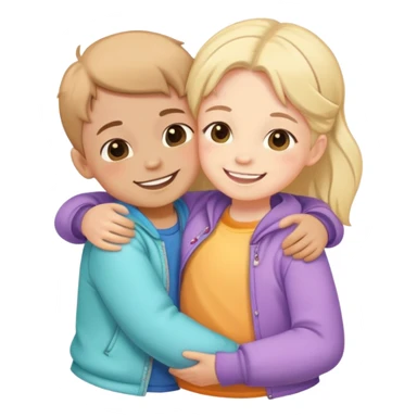 Cute detailed sticker: two smiling kids hugging, colorful clothes, soft cartoon style, pastel colors, clean lines, transparent background. sticker