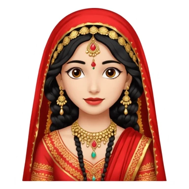 a pretty bratz fair indian girl wearing a red indian wedding outfit with dupatta on head,  golden jewellery, black wavy hair sticker