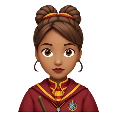 Angelina Johnson in harry potter, wear hogwarts gryfindor uniform,  thick, brown knot bun hair , reflecting her bold, stylish, and strong personality sticker