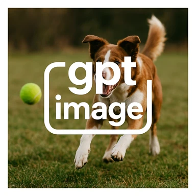  logo with text "gpt image" on the background of a dog chasing ball, realistic image sticker