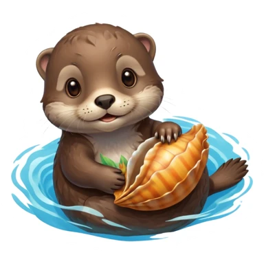 adorable otter floating on clearly visible blue water with waves, holding a shell sticker