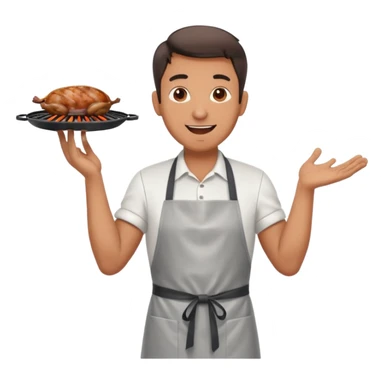 A cheerful man in an apron flipping meat on a sizzling grill with smoke puffing upward. sticker
