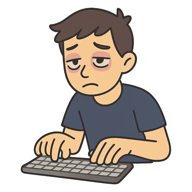 flat toon style of a person with bags under their eyes, typing on a keyboard sticker