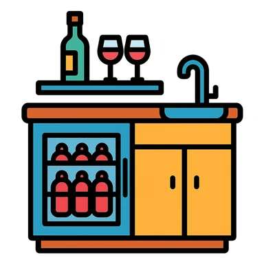 wet bar with wine fridge and sink, color outline icon style, modern look sticker