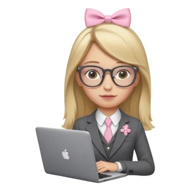 Please take the girl with laptop emoji and make her glassess light brown and her nose a bit smaller and pointier and she has blonde long hair and a dark grey suit and pearls, and has a laptop in fron of her and a tiny pink bow on the left side of her head sticker