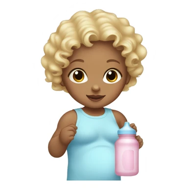 baby girl with blonde curly hair wearing a light pink onesie and holding a light blue baby bottle sticker