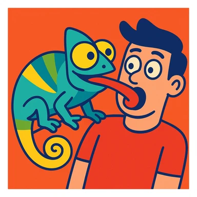 whimsical colorful illustration of a chameleon with bulging eyes licking a surprised person's face sticker