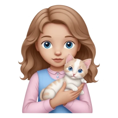 A little girl with wavy light brown hair and blue eyes and pale pink clothes holds a white kitten sticker