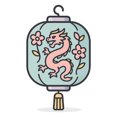 elegant Chinese lantern with dragon and flowers, detailed shadow, thin clean outlines, soft rounded shapes, pastel palette #98B5BC, #B5B3C1, #C9A3C9, #E4C0CA, #F7DCD1, #F7C0AA, modern Japanese pop-art and sticker aesthetic, high detail, vector clarity, soft lighting, transparent background sticker