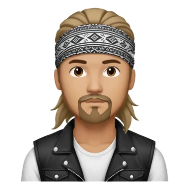 Guy wearing black and white patterned bandana as a headband with goatee and long hair atop his head in ponytail, wearing white tshirt with black biker vest sticker