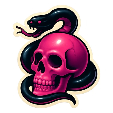 gothic snake black and pink coiled around a pink skull retro stickers style sticker
