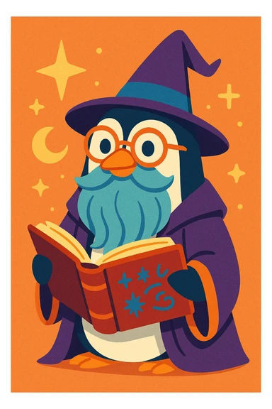 a wise penguin wizard with glasses, a long beard, and a book of spells, in a whimsical illustration style sticker