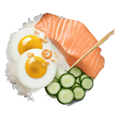 Bowl with rice, smoked salmon, egg, cucumber salad and sriracha and sesame seeds with chopsticks next to it  sticker