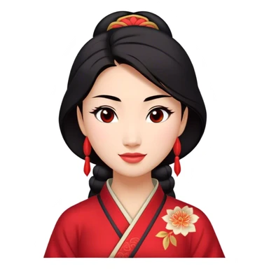 Cinematic Radiant Mulan Portrait Emoji, rendered in a realistic, vector-style with clean proportions. Show Mulan with a soft, confident smile, warm skin, and expressive eyes, her dark hair styled simply, and dressed in traditional clothing with understated red accents. The image radiates a gentle, luminous glow and high shine, accentuated by a soft glowing outline. sticker