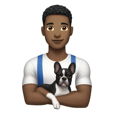 athletic light skin male with short black hair holding a french bulldog sticker