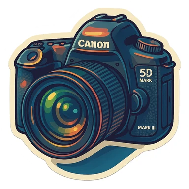 retro sticker style image of a DSLR camera with the lens cap off, inspired by Canon 5D Mark III, emphasize lens glass, bold outlines, juicy colors, expressive highlights and shadows sticker