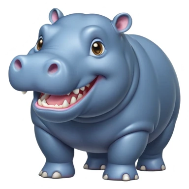 cinematic-hippo-realistic-full-body-side-view-standing-on-all-fours-emoji,-massive-round-frame,-wide-mouthed-grin-exposing-huge-teeth,-head-tilted-dramatically,-thick-greyish blue-hide-glossy, big cute eyes sticker