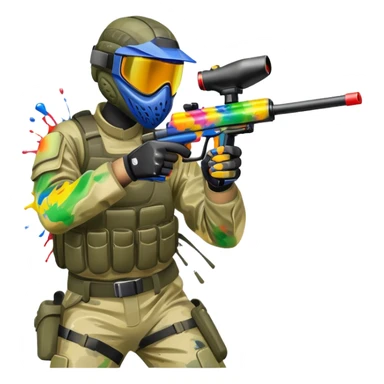 A paintball player in full gear, aiming a paintball gun with focus and determination. The scene includes vibrant splashes of paint and a dynamic battlefield setting, emphasizing action, strategy, and teamwork in a competitive environment sticker