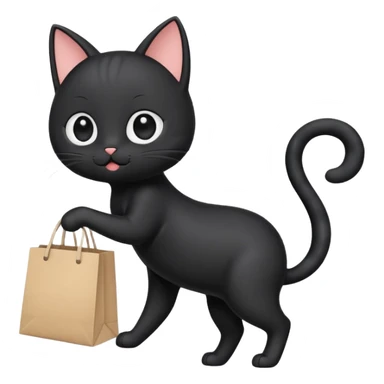 A cute chibi-style black cat emoji in side view like 🏃, running on two legs while holding a shopping bag. Short limbs, small body proportions (SD character style), round head, big expressive eyes, minimalist emoji design, soft colors, vector look. sticker