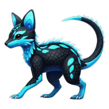 Rare realistic black-scaled neon-glowing bioluminescent edgy badass epic pretty beautiful handsome gorgeous aesthetic colorful vibrant Vernid-Trico-species-Fakemon-creature by LiLaiRa, 4 legs, 1 tail, random markings, (full body) sticker