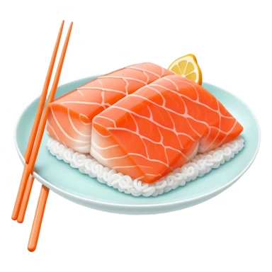Cute Kawaii Sashimi Slice, delicate and fresh, bright orange salmon with soft pastel textures, an adorable happy face, tiny chopsticks lifting it, gentle glowing highlights! sticker