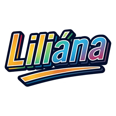 The name 'Liliána' in modern, precise Hungarian letters with a rainbow gradient fill, extra thick white letter outline, dark contour, transparent background, dynamic slanted underline, in the style of the reference samples. sticker