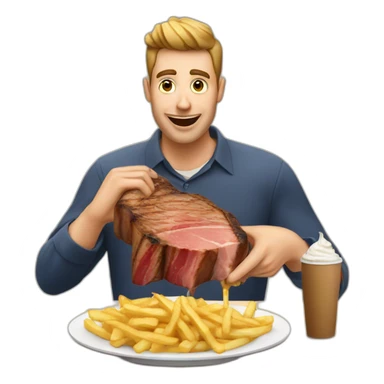 a guy eating a large steak with fries and mayonnaise sticker
