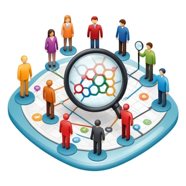 An icon featuring a group of diverse people, a social network diagram, and a magnifying glass, symbolizing sociology. The design includes charts and interconnected lines, representing the study of societies, relationships, and social behavior. Transparent background highlights social analysis. sticker