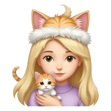There's a fluffy kitten on a girl's head, its tail wagging gently. sticker