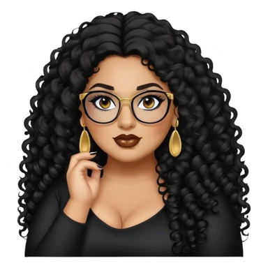 big plus size, latina, darker tan skin, long black curly hair, baddie,pretty, makeup, lipgloss, black eyeliner, long hair, SMALL gold earrings, black top, black glasses sticker