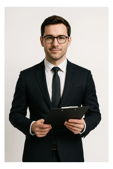 smart looking man holding a clipboard, professional attire, confident expression, clean background sticker