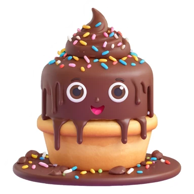 Rectangular chocolate mini pastry, messy chocolate dripping, sprinkles flying, surprised eyes, open mouth, text above: "ПАСТИЧКА", chibi style, Twitch emoji style, transparent background, colorful
 sticker