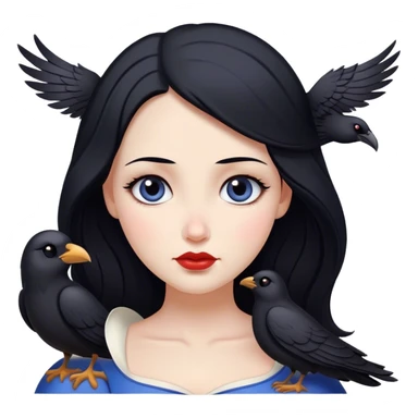Cinematic Serene Snow White Portrait Emoji, rendered in a simplified vector style. Depict a gentle Snow White (chest and above) with flawless porcelain skin and flowing raven hair, her kind eyes and calm expression exuding a quiet, enchanting charm. The image glows softly with an inviting, pure light and is outlined with a subtle glow. sticker