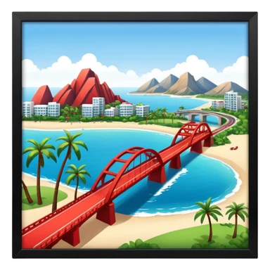 advanced modern island with advanced infrastructure, parks, contemporary architecture, beaches with palm trees, and with a red bridge on one side sticker