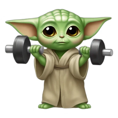 Baby yoda holding a dumbbell sticker