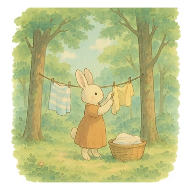 bunny hanging laundry between trees, calming domestic forest feel, soft pastel colors, ghibli style sticker