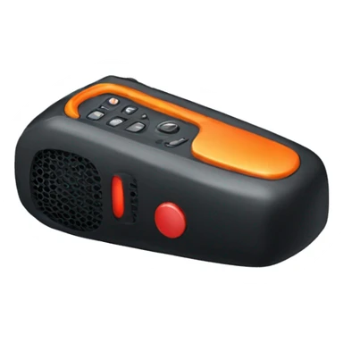 black walkie talkie with red-orange button on side sticker