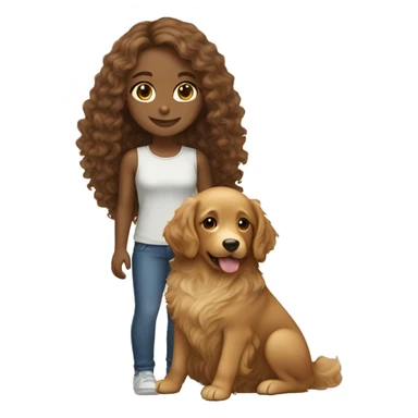 Tan skinned girl with  long brown curly hair with a golden retriever puppy sticker